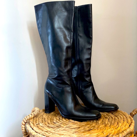 Vintage J Crew Black Leather Knee-High Boots - Picture 1 of 5